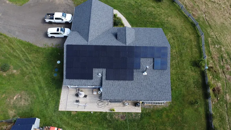 Top-down view of the Culloden home showing the full solar array and rear deck