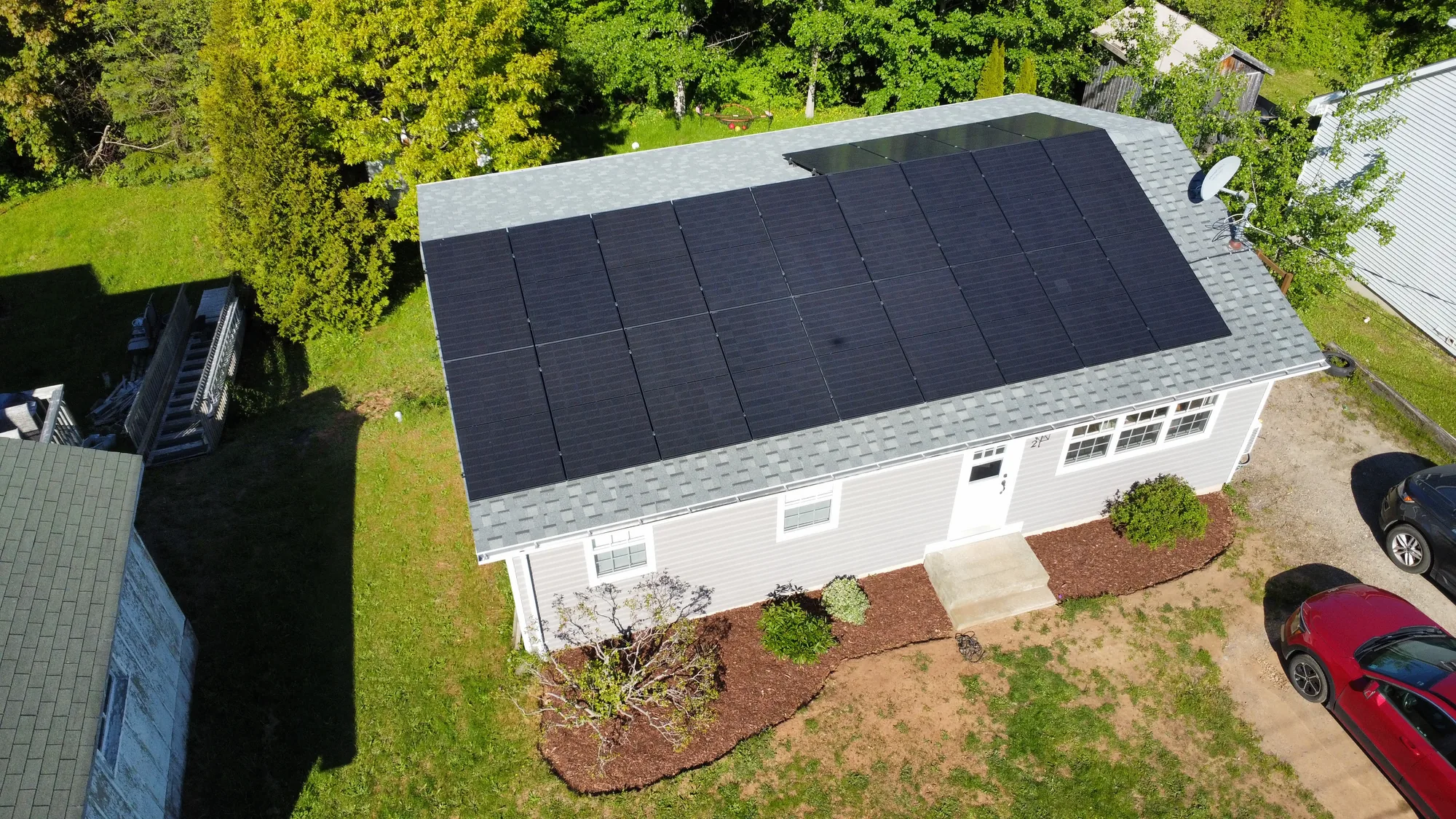 Aerial view of a completed residential solar installation in Digby, Nova Scotia