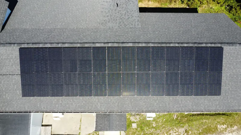 Overhead view of the 28-panel array on the hall roof